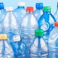 Naklejka premium A collection of plastic water bottles with various colored caps.