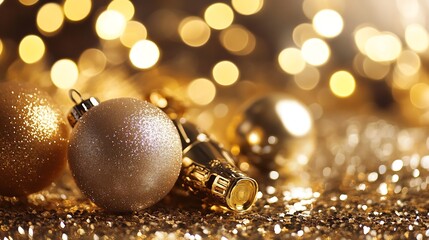 Golden Christmas ornaments and lights creating a luxurious and festive holiday ambiance : Generative AI