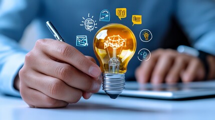 Creative Team Brainstorming Ideas with Light Bulb