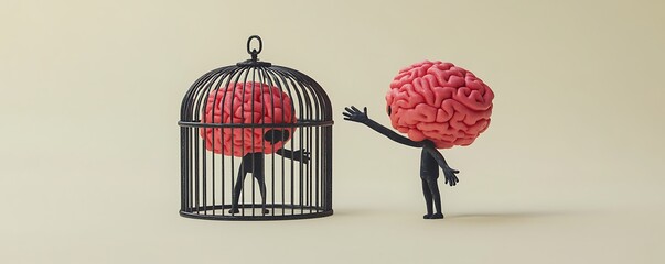 A brain trapped inside a cage with another brain outside reaching in.