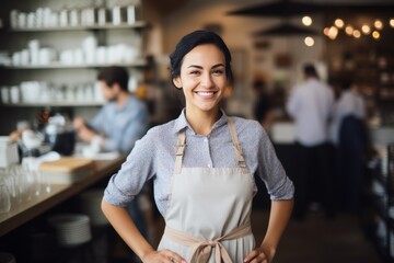 Cheerful young waitress in an apron laughs while serving customers in a cozy café setting during a busy afternoon