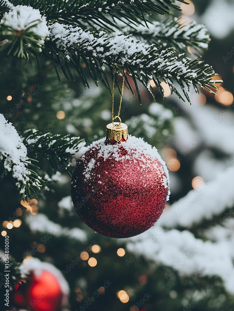 Poster red christmas bauble with snow on tree branch in winter festive scene : generative ai