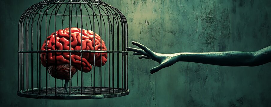 A red brain trapped in a cage with a hand reaching out.