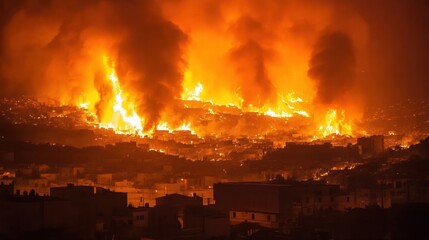 A city engulfed in flames during a raging wildfire.