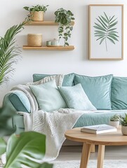 Scandinavian Inspired Neutral Living Area with Green Touches and Botanical Wall Art : Generative AI