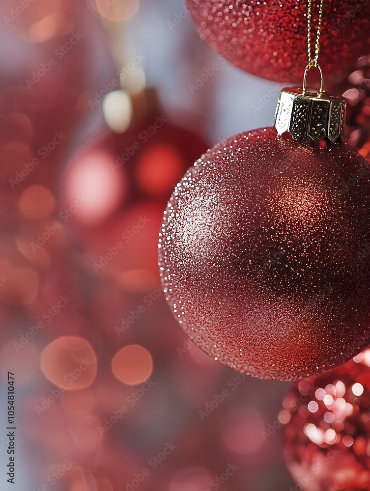 Poster Shimmering Red Christmas Baubles in Focus With Soft Bokeh Background : Generative AI