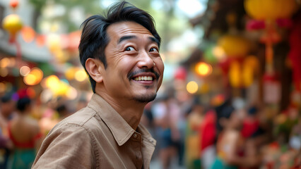 Naklejka premium Joyful Man Smiling in Vibrant Market Scene
