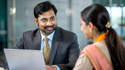 An Indian bank officer helping a small business owner with loan procedures.
