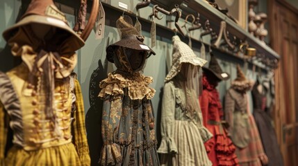 Costumes are hung on hooks on the wall each labeled with the name of the character who will wear it.
