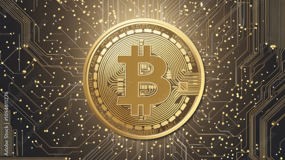 Poster bitcoin vector illustration, with a large bitcoin coin and network lines connecting to smaller icons