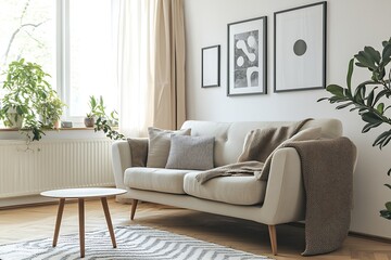 Cozy living room with a neutral color palette and framed art on walls : Generative AI