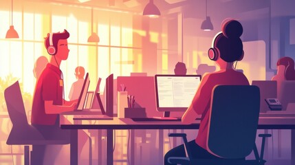 Call center agents illustration, working at desks, headsets visible, bright and simple vector style