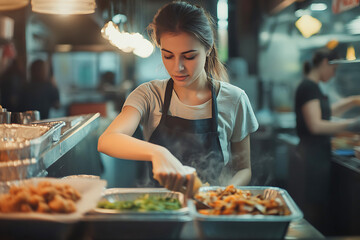 Young caucasian woman preparing takeaway healthy food in a restaurant kitchen