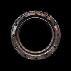 Obraz premium Rusty round metal frame with rivets isolated on black background.