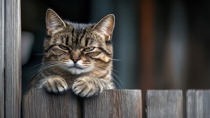 Obraz premium Tabby Cat Resting on Wooden Fence with Serene Expression : Generative AI
