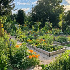 Garden with mixed flower and vegetable beds