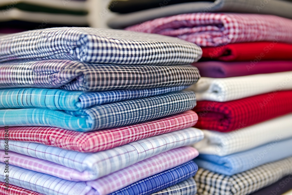 Aufkleber stack of colorful folded checkered fabrics in fashion retail environment : generative ai