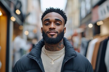 Fototapeta premium A confident man with a beard and tattooed neck, dressed stylishly in a turtleneck and layered necklaces, standing in a bustling urban street scene.