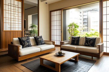 Elegant JapaneseInspired Living Room with Traditional Shoji Screens and Modern Furniture : Generative AI