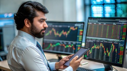 An Indian investor reviewing live stock market trends on multiple screens.

