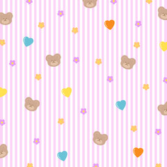 Pastel pink stripe background with teddy bear, heart, flower for wallpaper, backdrop, animal print, fabric, textile, garment, pet clothes, phone case, picnic blanket, zoo, souvenir shop, gift wrap

