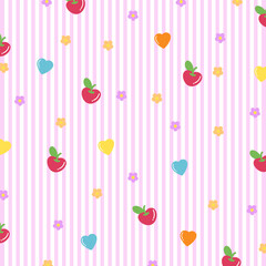 Pastel pink stripe background with flower, cherry, heart for wallpaper, backdrop, card print, fabric, textile, garment, pet clothes, phone case, picnic blanket, paper design, gift wrap, summer fruity