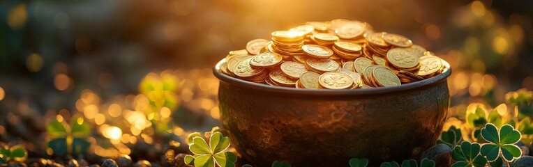 Pot of Gold Coins with Green Clover for St. Patrick's Day