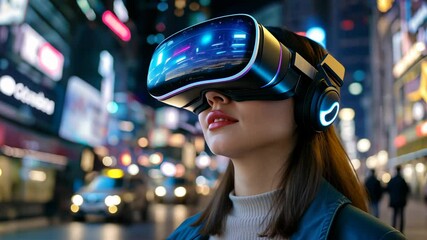 cyberpunk young teenage girl in a virtual reality setting wearing VR glasses gadget at neon cityscape - Powered by Adobe