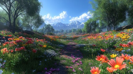 Obraz premium A vibrant flower-filled landscape with mountains in the background.