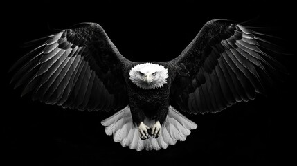 A striking black and white image of an eagle in flight.