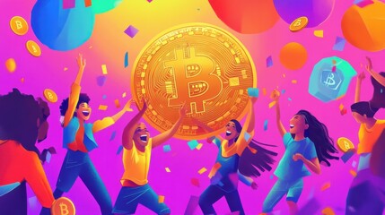 Cartoon people celebrating Bitcoin, with characters holding a large Bitcoin coin, colorful vector