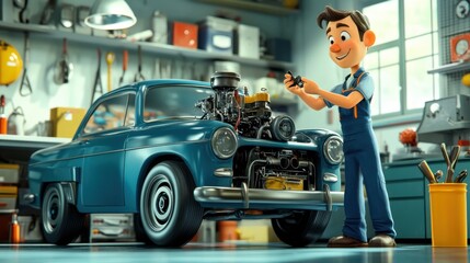 Fototapeta premium Cartoon repair technician, adjusting engine parts, standing next to a car