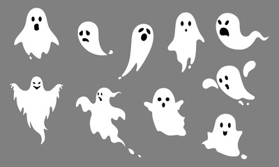 Cute Halloween ghost set in white color vector illustration. Halloween. Ghost icon set. Collection of various scary and funny ghosts. Soul symbols for parties, celebrations, templates and decoration.
