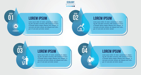 Infographic eco water blue design elements process 4 steps or options parts with drop of water. Ecology organic nature vector business template for presentation.