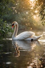 Fototapeta premium Gentle sunrise glow on a lake as a swan swims, ideal for peaceful nature visuals. 
