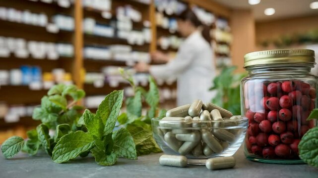 A pharmacy scene showcasing herbal remedies and supplements on a counter.