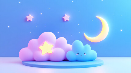 Colorful pastel clouds with smiling cloud, star, and crescent moon create whimsical scene. soft hues and playful shapes evoke sense of joy and tranquility