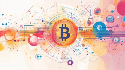 Cryptocurrency vector art, with Bitcoin coin in the middle and digital network symbols around, colorful illustration
