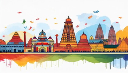Watercolor panorama of Tamil Nadu&rsquo;s iconic landmarks, capturing cultural heritage for Tamil Nadu Day celebrations and event visuals