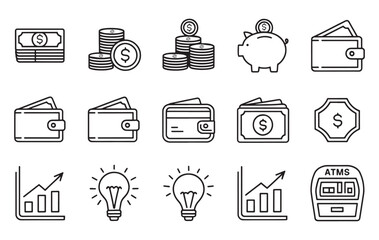 Set of Money Related Vector Line Icons. Contains such Icons as Money Bag, Piggy Bank in the form of a Pig, Wallet, ATM, Bundle of Money, Hand with a Coin and more, money icons, finance icons