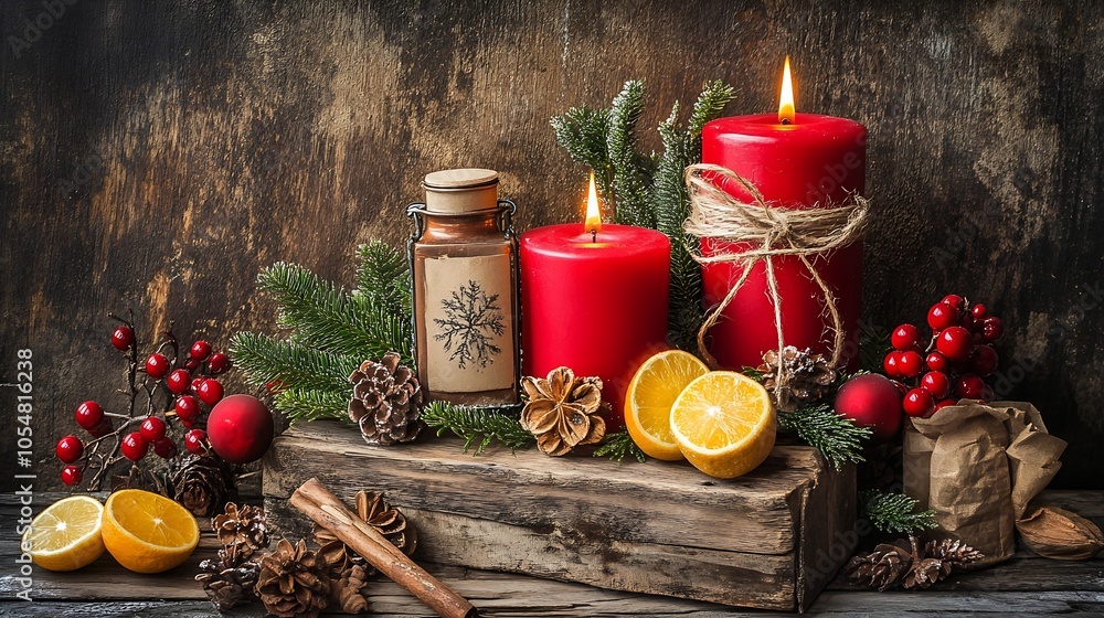 Poster rustic christmas arrangement with candles pinecones and orange slices : generative ai