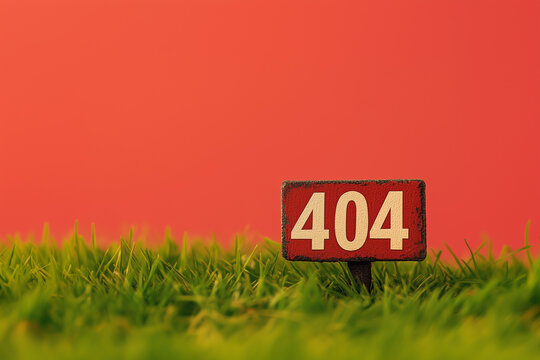 404 error page with green grass and plants on a red background