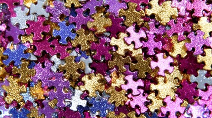 Collection of multicolored puzzle pieces scattered representing creativity teamwork and problem solving : Generative AI
