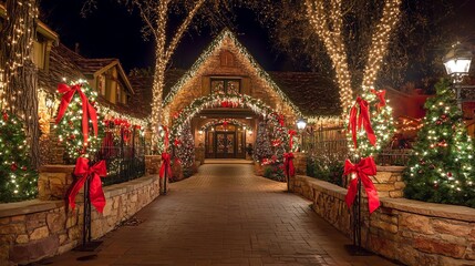 Obraz premium Enchanting Winter Wonderland with Illuminated Holiday Decor and Red Bows in Snowy Village : Generative AI