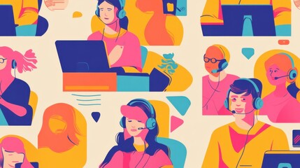 Customer service vector, showing operators with headsets, working at computers, colorful and professional style