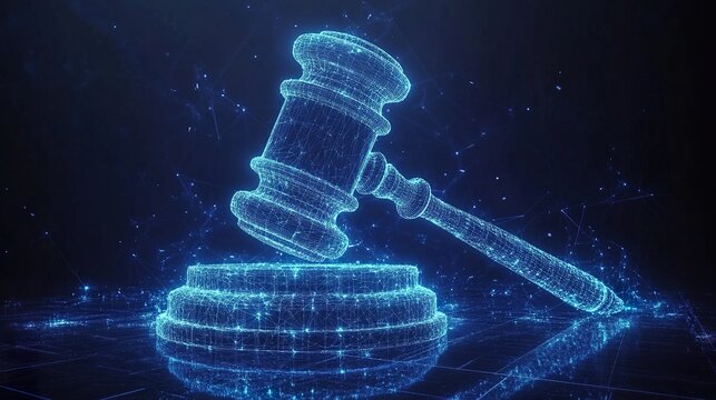 A glowing blue digital gavel, rendered as a wireframe, rests on a platform, surrounded by a background of glowing lines and dots. The image suggests a future of justice shaped by technology