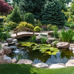 Poster de jardin  Garden with ornamental pond and bridge  © sok