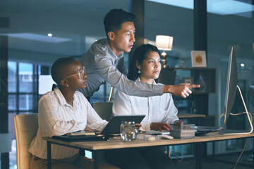Teamwork, computer and business people brainstorming at night, discussion or problem solving....