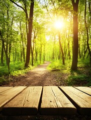 Fototapeta premium Sunlit Forest Path Through Lush Green Trees and Wooden Planks in Springtime Serenity : Generative AI