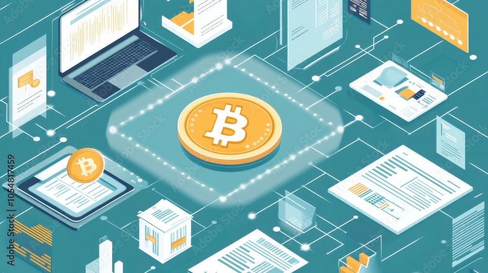 Poster digital currency illustration, showing a bitcoin symbol surrounded by blockchain and transaction gra